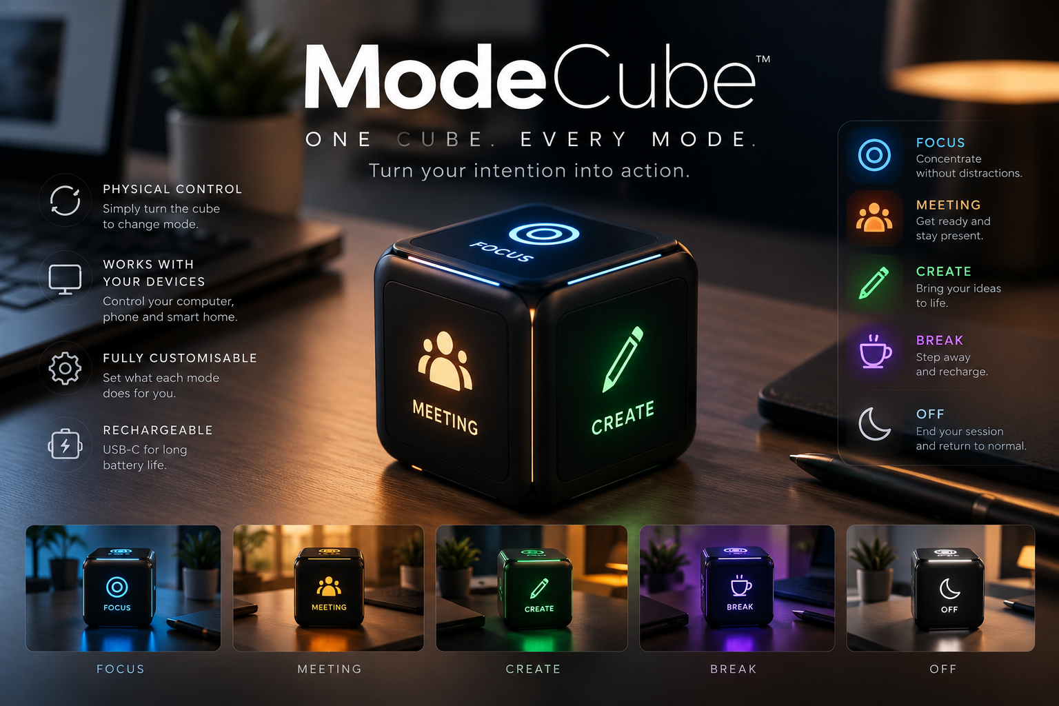 Official ModeCube concept render showing the proposed cube and its FOCUS, MEETING, CREATE, BREAK and OFF orientations